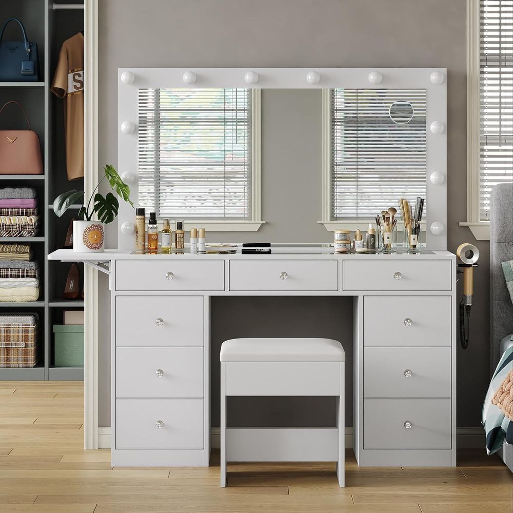 Desk Vanity Setup - Туалетный столик с розеткой, 9 ящиков,